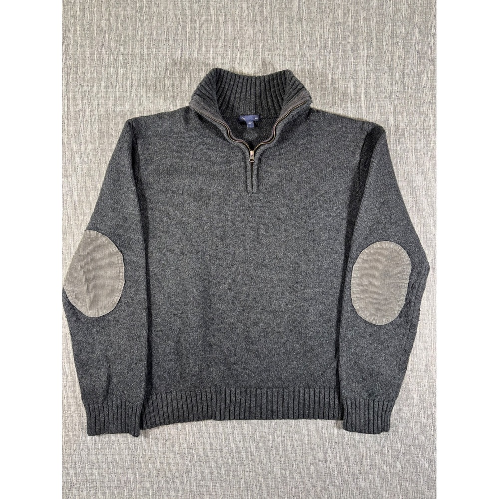 Gap Mens Quarter Zip Sweater Gray Wool Blend Corduroy Elbow Patches Large